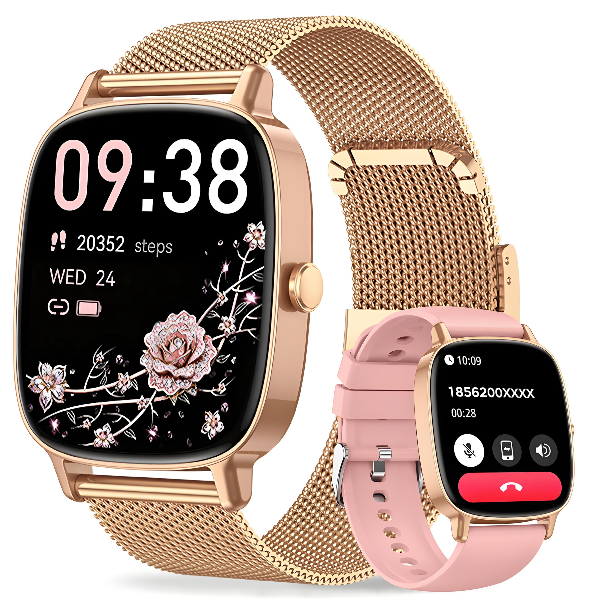 Reloj Inteligente Mujer con Llamadas Bluetooth y WhatsApp, Smartwatch Mujer Elegante con 2 Correas, Pantalla HD 1,85", Frecuencia Cardíaca, Sueño, SpO2, 120+ Deportes, IP68, Compatible Android iOS