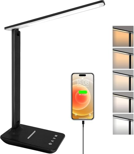 joyshie lámpara Led Escritorio, Flexo de Escritorio con luz nocturna, lampara de escritorio con control táctil, Puerto de carga USB, 5 niveles de luminosidad 5 modos (negro)