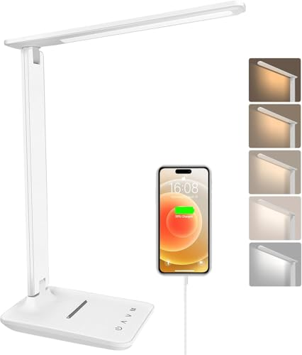 joyshie lámpara Led Escritorio, Flexo de Escritorio con luz nocturna, lampara de escritorio con control táctil, Puerto de carga USB, 5 niveles de luminosidad 5 modos (blanco)