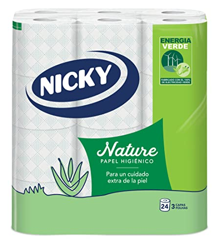 Nicky Nature Papel Higiénico - Paquete de 24 Rollos, 170 Hojas de 3 Capas, Enriquecido con Loción de Aloe Vera, Cómodo y Suave con la Piel