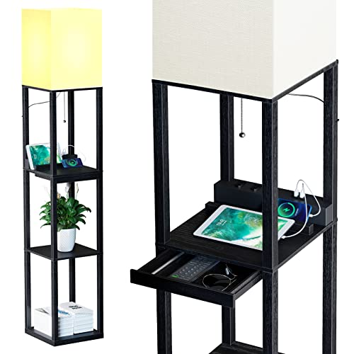 SUNMORY Lampara de pie Madera con 3 Temperaturas De Color, 2 Puertos de Carga USB y 1 Cajón, Lampara de Pie de Estar, Dormitorio, Oficina, Decoración Salon, Lamparas de Pie Negro (Bombilla Incluida)
