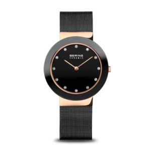 BERING 11435-166 Reloj de cuarzo para mujer con caja de acero inoxidable de 35 mm con acabado en oro rosa y esfera negra, correa milanesa, cristal de zafiro y resistencia al agua de 5 ATM