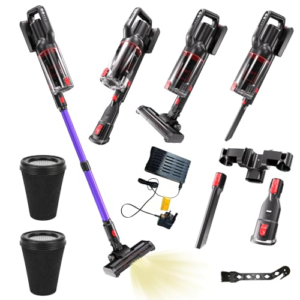 ASKGIFT Aspirador inalámbrico a batería – 40 kPa/500 W/50 min, Aspirador inalámbrico de 1 l con Cepillo en Forma de V antienredos, Aspirador a batería 6 en 1 de Color Blanco con luz LED