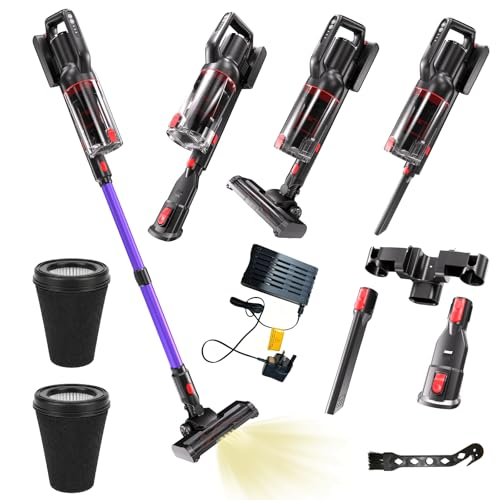ASKGIFT Aspirador inalámbrico a batería – 40 kPa/500 W/50 min, Aspirador inalámbrico de 1 l con Cepillo en Forma de V antienredos, Aspirador a batería 6 en 1 de Color Blanco con luz LED