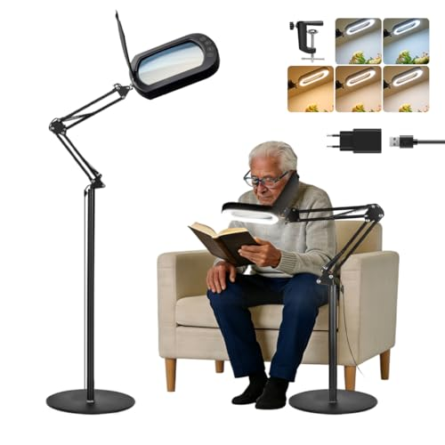 2 en 1 Lupa con Luz y Soporte, Lupa de Gran Aumento con Luz, Rectangular Amplificador con Lámpara Regulable de 5 Colores, Lampara Lupa LED Profesional para Lectura, Reparación, Trabajo Manual