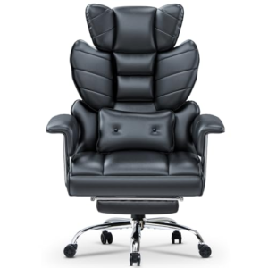 naspaluro Silla de Escritorio con Reposacabezas Reposapiés, Silla de Oficina Ergonómica, Silla de Escritorio Reclinable, Silla Giratoria de Cuero PU con Ruedas y reposacabezas, 150kg Negro