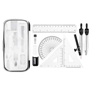 Amazon Basics Kit para matemáticas de 10 piezas, con compases, lápiz de grafito, goma de borrar, sacapuntas, transportador, triángulo, regla y estuche