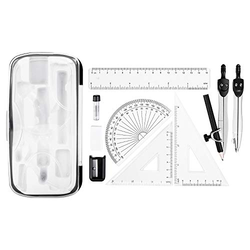 Amazon Basics Kit para matemáticas de 10 piezas, con compases, lápiz de grafito, goma de borrar, sacapuntas, transportador, triángulo, regla y estuche