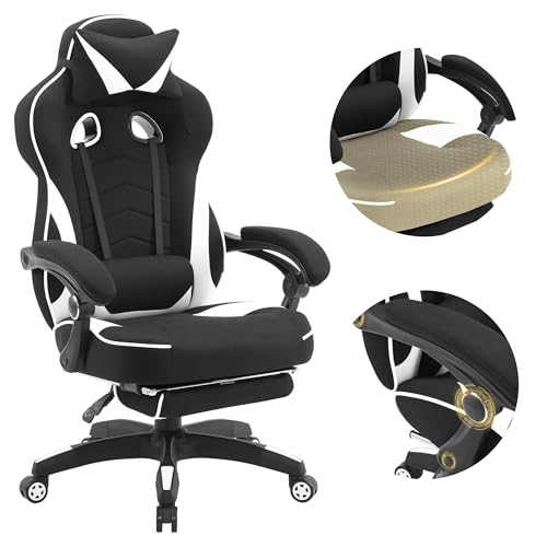 WOLTU Silla Gaming en Tela Transpirable, Ergonómica Silla Gamer con Reposapiés, Sillón Giratorio Videojuegos, Silla Oficina con Asiento Ancho y Cómodo para Personas Grandes, Negro+Blanco