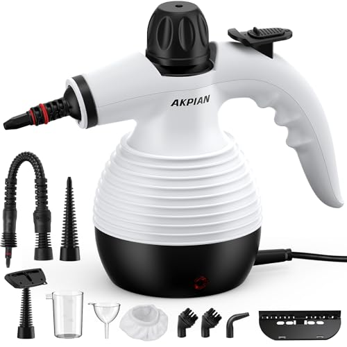 AKPIAN Limpiador a vapor de mano, 1050 W, con 10 accesorios para la limpieza sin químicos de cocinas, hornos, juntas y azulejos, también para ventanas, baño y coche (color blanco)
