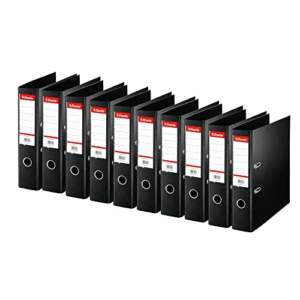 Esselte 320250 - Pack de 10 Archivadores de Palanca Standard, Negro, Lomo de 75 mm, A4, PP, 29 x 7,2 cm, 2 Agujeros, 10 Unidades, Capacidad para 550 Hojas, con Portaetiquetas Personalizable