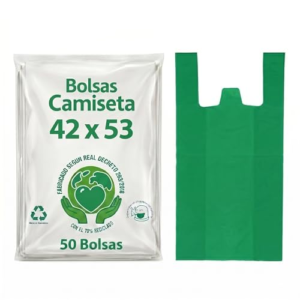 DAYMAND STORE Bolsas de Plastico con Asas de Color VERDE muy RESISTENTES 50 Micras Grosor con Material 70% Reciclado Reutilizables Medida Desplegadas 42x53cm Bolsas Plastico Camiseta