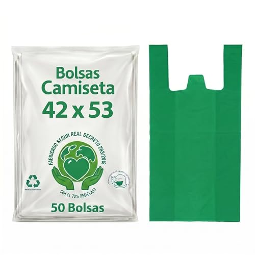 DAYMAND STORE Bolsas de Plastico con Asas de Color VERDE muy RESISTENTES 50 Micras Grosor con Material 70% Reciclado Reutilizables Medida Desplegadas 42x53cm Bolsas Plastico Camiseta