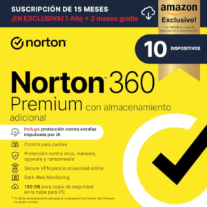 Norton 360 Premium Exclusivo Amazon*|Antivirus 10 Dispositivos|15 meses| Descarga digital