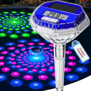 LuxBlue Termómetro Piscina Flotante, Termometro Piscina Solar con Espectáculo de Luz Subacuática, Termómetro Digital Piscinas con Pantalla LCD Grande Fácil de Leer,IP68 Termometro Bañera para Piscinas