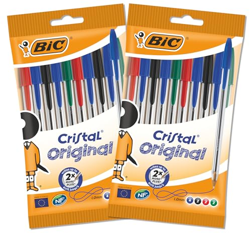 BIC Cristal Original Bolígrafos Punta Media (1,0 mm) – Colores Surtidos, Pack de 2 Blísters de 10 Unidades