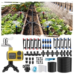 Deepoter Kit Riego por Goteo con Programador Riego, 25M+25M Sistema de Riego por Goteo Accesorios Riego Goteo con Ajustable Boquilla Aspersor Pulverizador y Gotero Riego Automático para Jardín