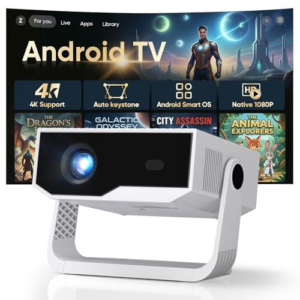 [Apps integradas & 2026 Upgraded] Proyector 4K Portátil,1080P Nativo, Android TV, WiFi6 Bluetooth 5.4, Enfoque y Corrección Trapezoidal Automáticos, Soporte Giratorio 270°, Ideal para Cine en casa