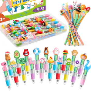 TicKiddos 48 Boligrafo Multicolor 4 en 1: 24 Boligrafo Multicolor+24 Lápices, Regalos Cumpleaños Niños Colegio, Detalles Cumpleaños Niños, Bolígrafos Divertidos para Fiestas Infantiles