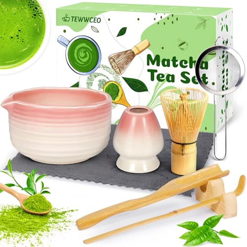 TEWWCEO Té Matcha Kit de 8 Piezas,Kit de Ceremonia Japonesa de Matcha,Matcha Set con Cuenco Matcha,Batidora de Matcha...,Kit Matcha para la Ceremonia del Té,para Amantes del Matcha,Rosa Degradado