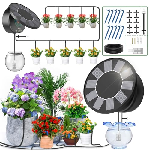 TRJZWA Sistema de Riego Solar para Jardín,Riego por Goteo Automatico Kit Solar con 9 Programas de Riego Manguera de 10 m para Jardín/Plantas de Balcón/Plantas en Macetas al Aire Libre