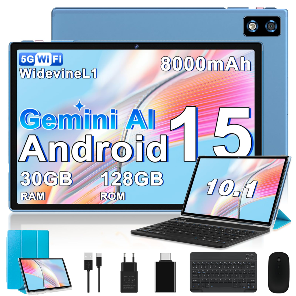 BIEGEDY 2026 Tablet 10 Pulgadas Android 15 con Gemini AI, 30GB RAM + 128GB ROM（TF 2TB）, Octa-Core 2.0GHZ, 8000mAh, GMS, Widevine L1, 5G WiFi 6 & BT 5.0, GPS, OTG, Tablet con Teclado y Raton-Azul