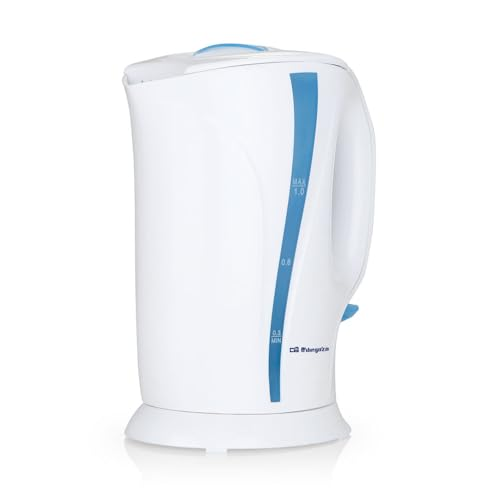 Orbegozo KT 5002, hervidor agua eléctrico, 750-900 W, 1 litro de capacidad, libre de BPA, jarra extraíble, filtro en la tapa, protección contra sobrecalentamiento, resistencia sumergida, color blanco