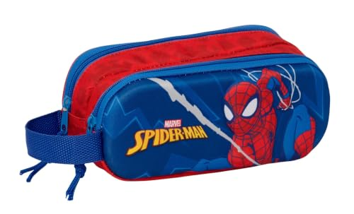 SAFTA | Estuche Escolar Doble 3D Marvel Spider-Man, Portatodo Infantil con Dos Compartimentos y Cremalleras, Asa Lateral de Mano, Diseño Azul y Rojo, Organizador para Vuelta al Cole, Medidas 21x6x8 cm