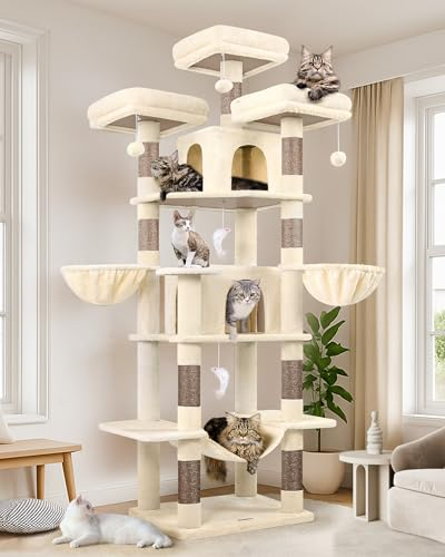 Globlazer Rascador para Gatos Grandes Beige, Castillo Gato Alto 204 cm con 3 Perchas Acolchadas, 2 Nidos, 2 Cesta, Hamaca, Árbol Rascador para Múltiple Gatos Adultos Descansar Jugar (F80, Beige)