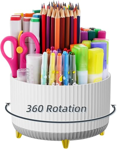 Marbrasse Organizador Escritorio,Portabolígrafos de Escritorio Giratorio 360 Grados,Organizador de Lápices con 5 Compartimentos para Oficina Hogar(Blanco y Gris)