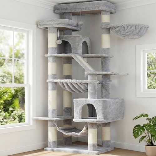 Heybly Rascador para Gatos, Torre De 180 cm, Gris Claro HCT034W