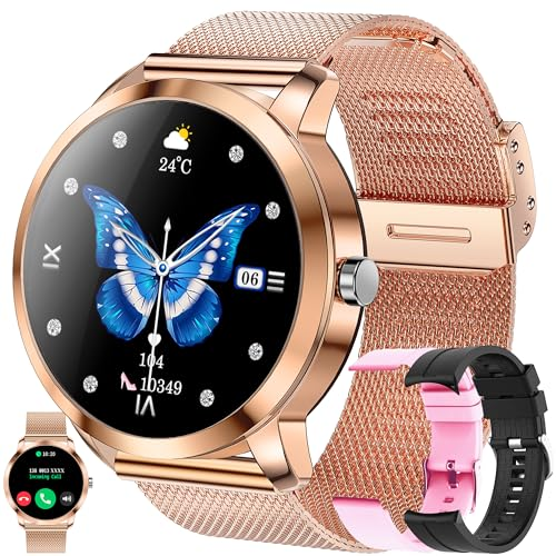 Reloj Inteligente Mujer con Recibir y Contestar Llamadas, 1,09" Smartwatch Deportivo con Pulsómetro, 3 Pulseras, Monitor de Sueño y Caloría para Xiaomi Samsung Huawei Android iOS (Oro)