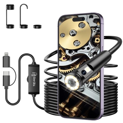 Ferdiiz Endoscopio Industrial de Doble Lente 1920P HD IP67 con 8+1 Luces LED Ajustables, Camara Endoscopica Sin WiFi para Android y iOS, Cámara de Inspección Cable Semi-Rígido (16,5 FT/5M)