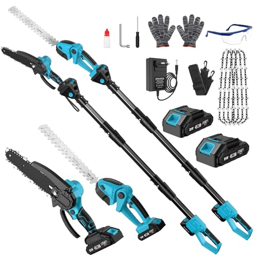 Motosierra y Cortasetos Batería con Pértiga Telescópico, 4 en 1 Kit de Herramientas Jardín, Podadora de Altura Electrica con 2 Baterías 4000 mAh, 4 Cadenas, Gafas, Guantes para Cortar Arbusto y Ramas