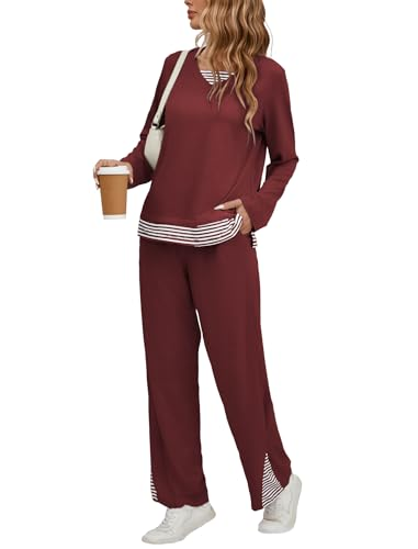 Famulily Pijama para mujer con cuello en V a rayas, manga larga y cintura elástica, pantalones de pierna ancha con bolsillos, tallas S-XXL, Vino, L