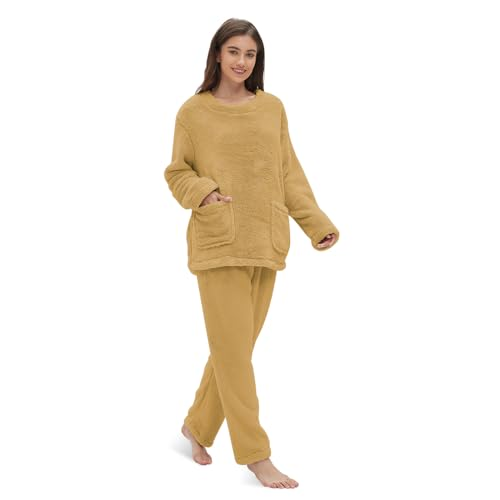 Friendumo Conjunto de Pijama de Forro Polar Coral para Mujer, Pijama Suave de Dos Piezas, Parte Superior de Manga Larga y Parte Inferior Cálida(Amarillo-L)