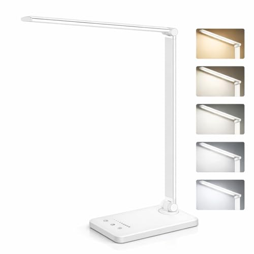 PRIME ESSENTIALS® Lámpara LED Escritorio 5 Funciones en 1 | Flexo de Escritorio con Luz Nocturna I Lámpara de escritorio táctil I 5 Modos de Luz I 10 Niveles de Brillo I Puerto USB I Color Plata.
