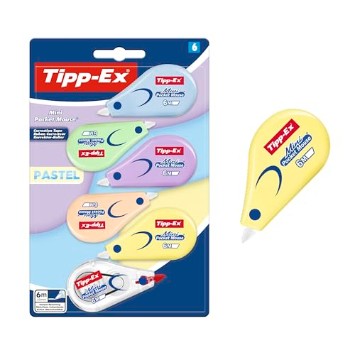 Tipp-Ex Mini Pocket Mouse Correctores Pastel (6 m x 5 mm) - 5 Colores Pastel y 1 Dispensador Transparente, Pack de 6
