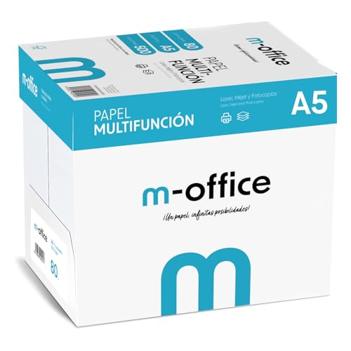 Paquete Folios A5 80gr, 5 Paquetes de 500 hojas, Papel Multifunción para Impresora Inkjet y Láser, Hojas A5 148 x 210 mm Ideales para la Oficina como para el Hogar · m-office (2500 hojas)