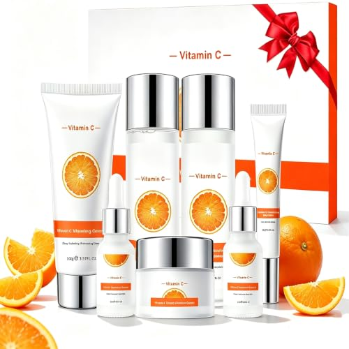 Set de Cuidado Facial 6 Piezas,Vitamina C Skincare Kit Facial Mujer, con Agua de esencia, esencia, sérum, crema para ojos, para Todos los Tipos de Piel Ideal para Regalo para Mujer Beauty
