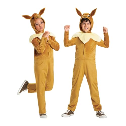 Mono de Pokémon Eevee para niños, con licencia oficial de Disguise, disfraz de Eevee para niños, incluye capucha tridimensional con adorables detalles del personaje, para niños de 10 a 12 años