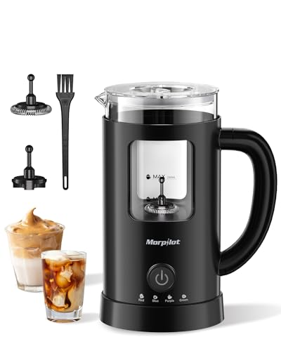 Morpilot Espumador de leche eléctrico, 130 – 600 ml, 550 W, 4 en 1 para caliente y frío, cristal visual, diseño de latte, color negro