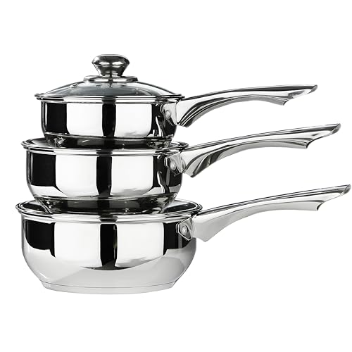 Premier Housewares 403553 - Batería de Cocina, Acero Inoxidable, 3 Piezas, 16, 18 y 20 cm, Incluye Tapas de Cristal, Color Plateado