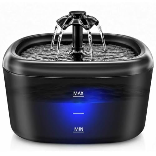 Fuente de Agua para Gatos y Perros, 2.2L Bebedero Automático con Indicador LED, Bomba Ultra Silenciosa, Sistema de Triple Filtración, Dispensador de Agua Sin BPA, Negro