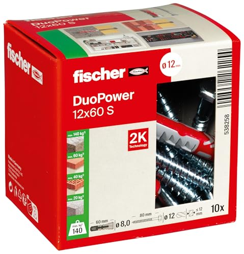 fischer - DUOPOWER 12 x 60 S, tacos y tornillos para pared universales, para fijación en hormigón, ladrillo, piedra, cartón yeso, (10 tacos 12 x 60 + 10 tornillos 12 x 80)