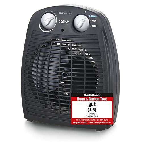 Emerio FH-106737.2 - Pequeño termoventilador compacto para 20 m², 2 potencias de calefacción + función de ventilador, termostato ajustable, interruptor de seguridad, asa, 2000 W