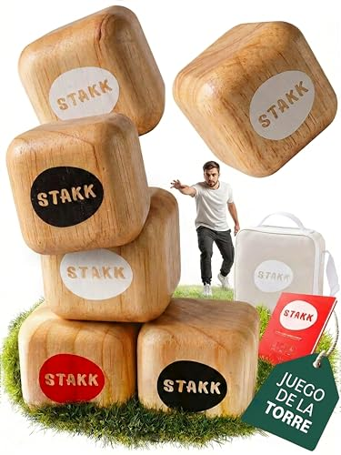 STAKK Juego de Exterior para Niños y Adultos, la Nueva Petanca, a Partir de 8 Años / +8 Años, 100% Madera, 9 Dados, 2-8 Jugadores, Juego para Playa y Jardín