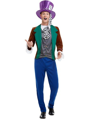 Smiffys Disfraz de sombrerero loco, con chaqueta, pantalones y sombrero Halloween, Carnaval