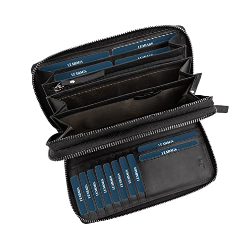 LEABAGS Billetera de Cuero para Mujeres XXL con Doble Cremallera y Protección RFID | Monedero con Compartimento para Monedas | 29 Compartimentos para Tarjetas | 20 x 12 x 4 cm | Negro Natural
