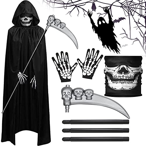 VIPNAJI Disfraz de Sensenmann, juego de disfraz de Halloween con máscara de calavera, guadaña, guantes, disfraz unisex de Halloween para adultos, capa con capucha para decoración de Halloween